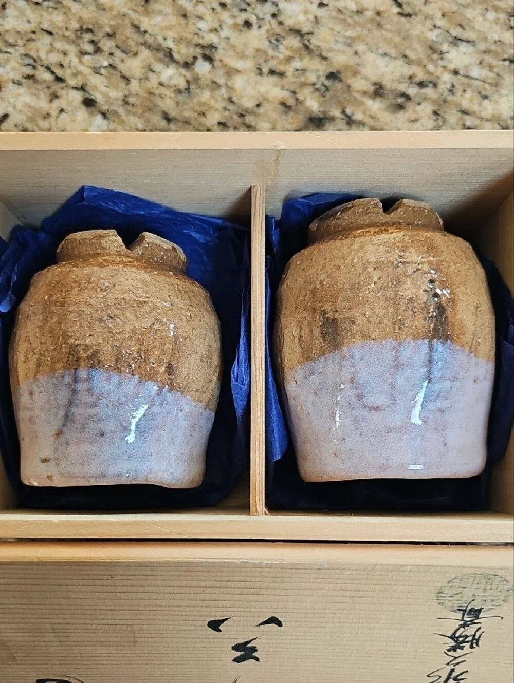 Vintage original Hagi Ware Japanese Sake Cups Pair in Signed Wooden Box not used
